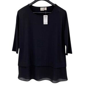 Chicos Black Layered Woven Hem 3/4 Sleeve Top Business Casual Sz 1 8/10 Medium